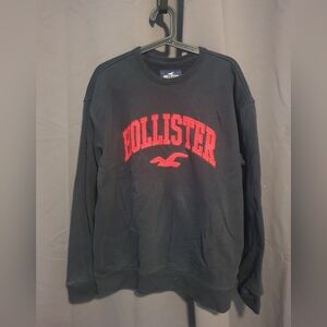 Hollister Men's Crewneck Sweater in Black with Red Accents